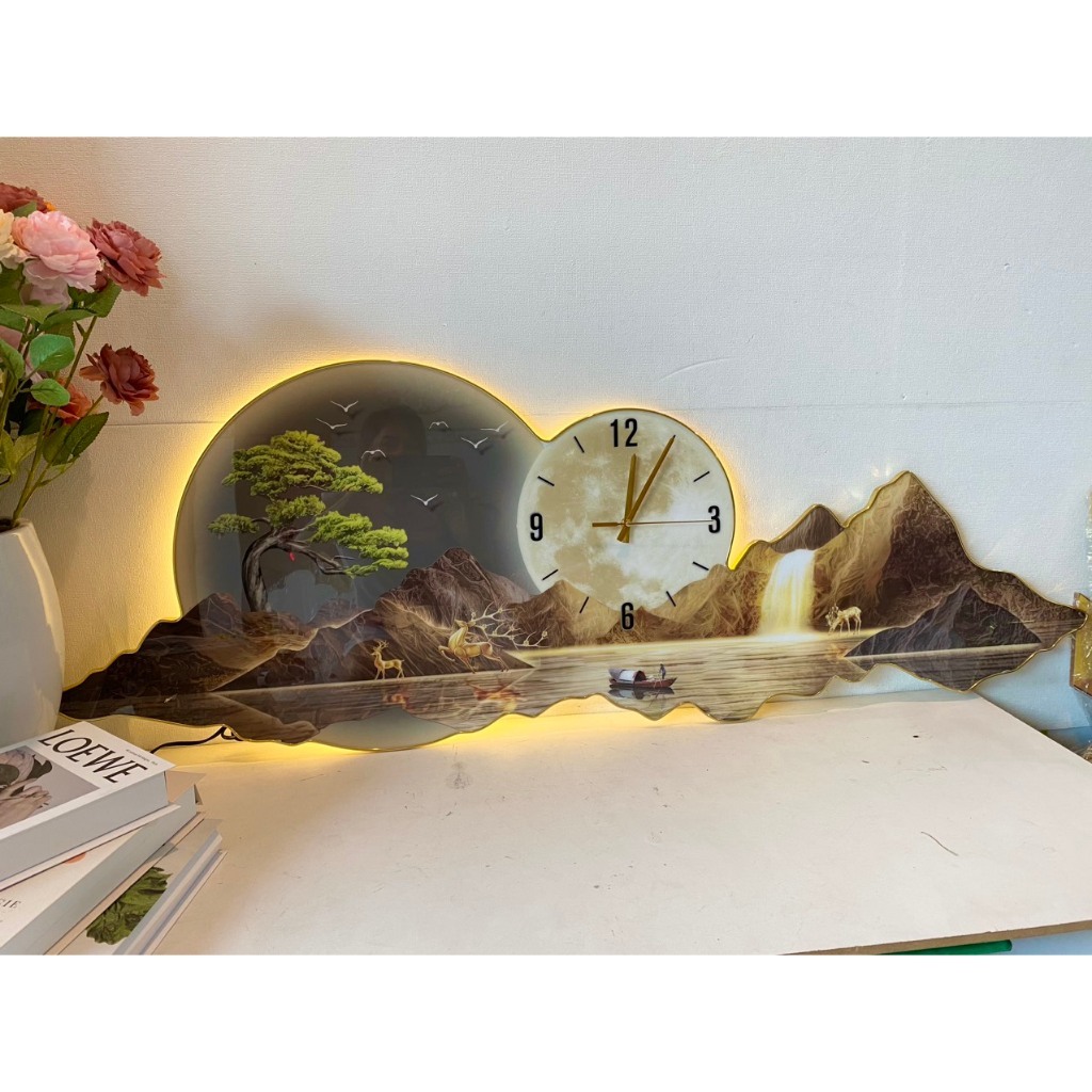 (ẢNH THẬT)Tranh đồng hồ đèn led tráng gương in uv cao cấp mặt mica bóng núi non hùng vĩ 4