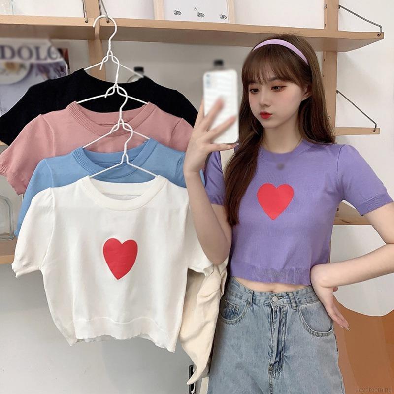 Áo Thun Ngắn Tay Cổ Tròn In Họa Tiết Trái Tim Xinh Xắn Dành Cho Nữ