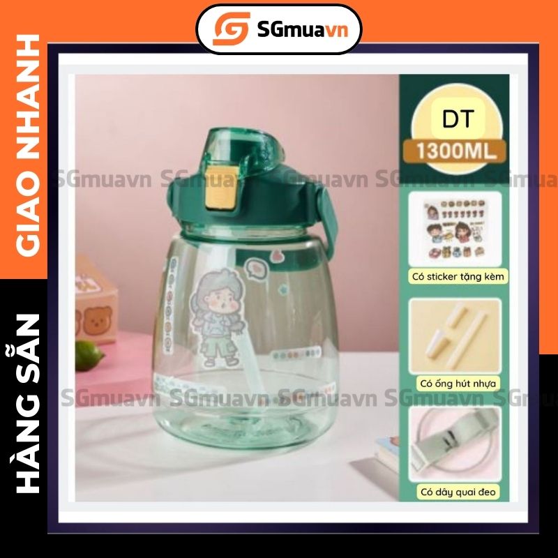 Bình nước 1.3l, bình nước thể thao nhựa trong suốt đủ màu dán sticker