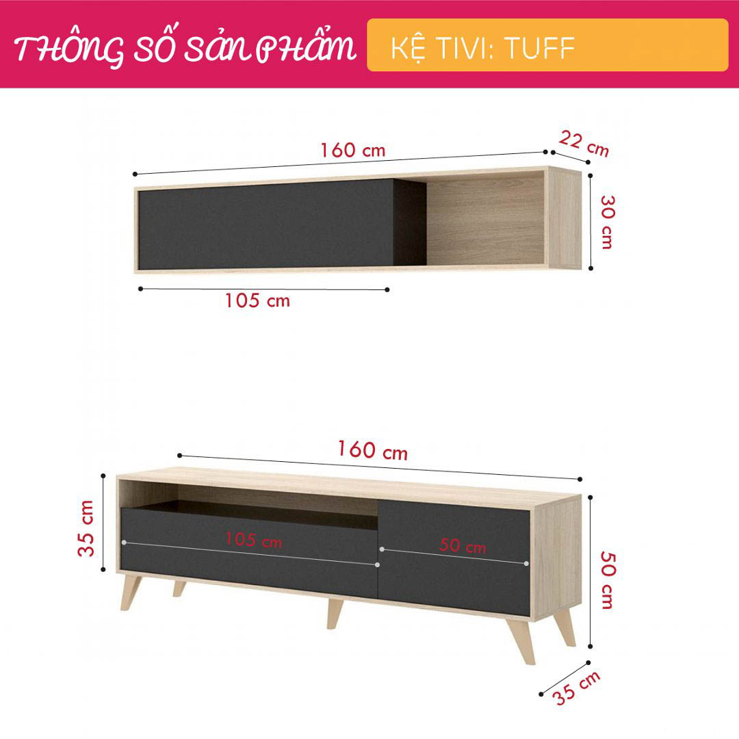 Kệ tivi gỗ hiện đại SMLIFE Tuff | Gỗ MDF dày 17mm chống ẩm | D160xR35xC80cm