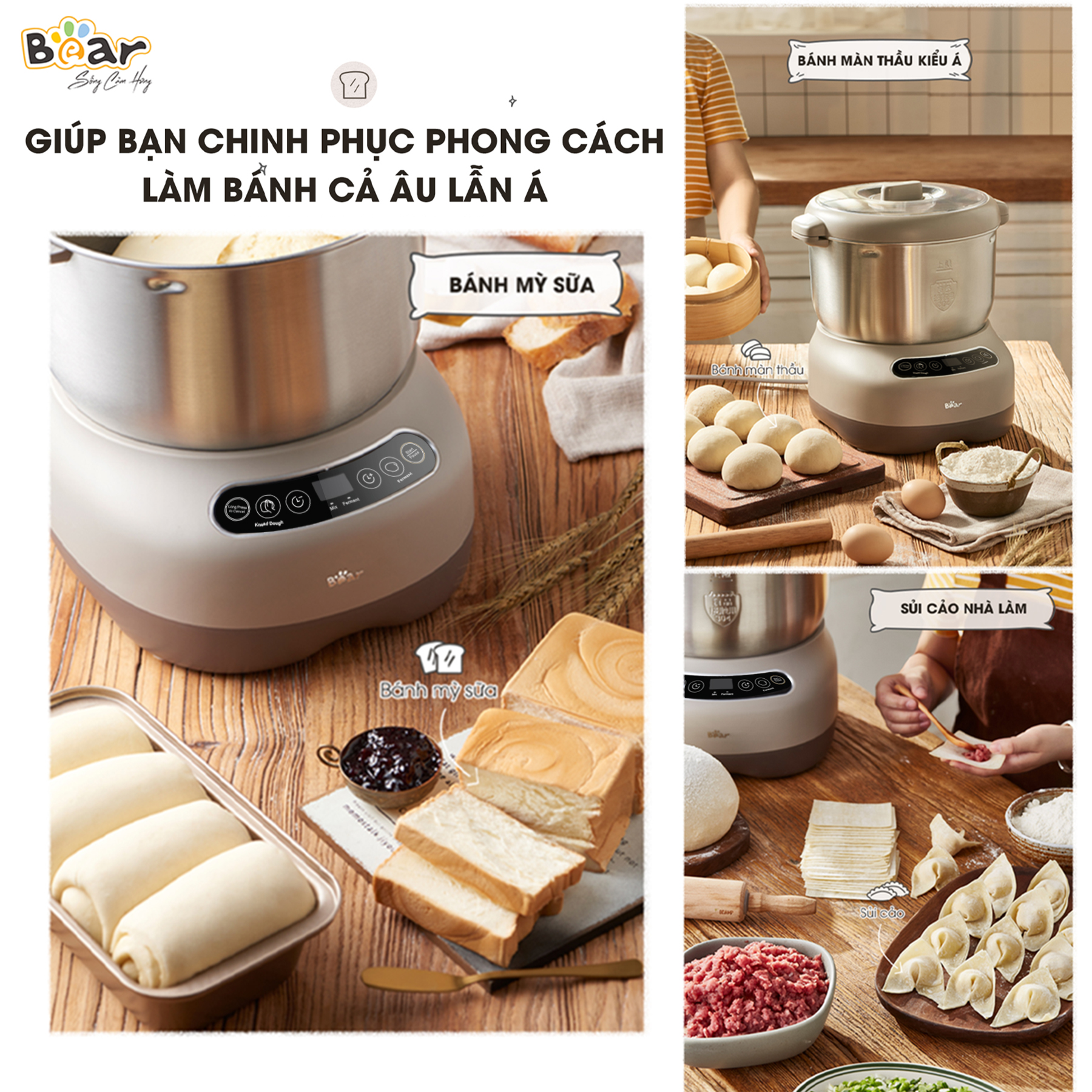 Máy Nhào Bột Bear 7L Đa Năng Ủ Bột, Trộn Bột, Nhồi Bột Nhanh Công Suất Lớn Bảo Hành Chính Hãng 18 Tháng - DM-B70V1 - Hàng Chính Hãng