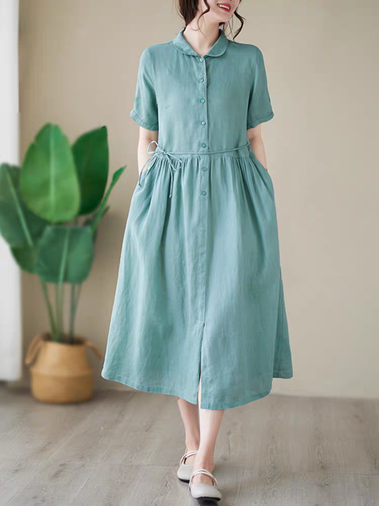 Đầm linen nữ dáng babydoll siêu xinh có kết hợp dây rút eo và tay bồng, mẫu mới nhất Da216