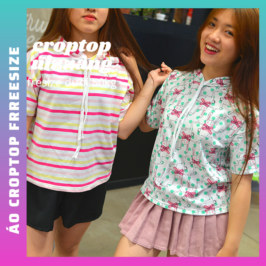 Áo Croptop nữ  cute , có thể mặc thành áo cặp bạn thân, chất thun cotton 100% cao cấp , ÁO THUN NỮ FREESIZE DƯỚI 50KG