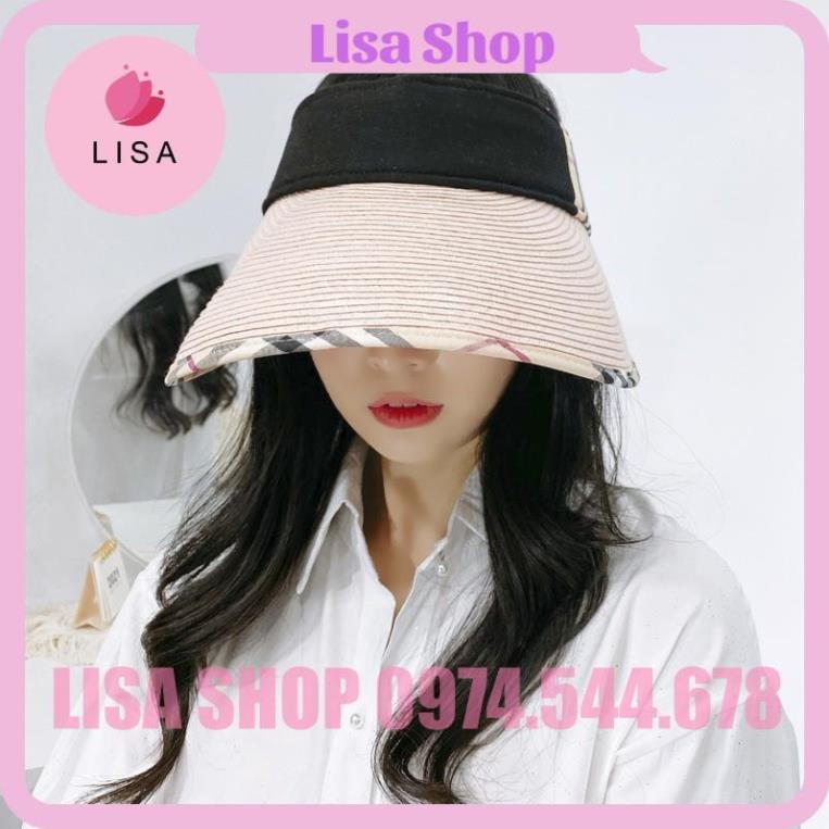 Mũ cói nửa đầu, nón cói đầu trống rộng vành gắn nơ sau phong cách Hàn Quốc Lisa, M30