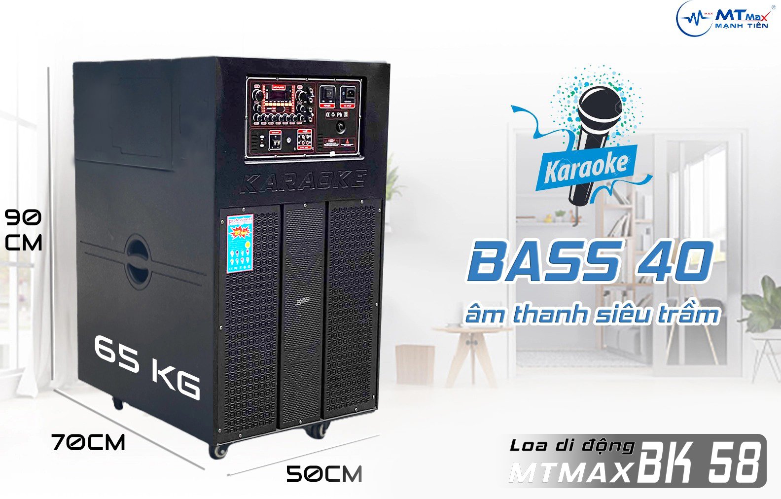 Loa Kéo Di Động Karaoke Bass 40 MTMax BK58 (1000W) 4 Tấc  với công suất loa lớn bạn có thể sử dụng liên tục trong nhiều giờ ngoài nguồn điện, rất thích hợp khi bạn muốn tổ chức các buổi tiệc ngoài trời cùng gia đình