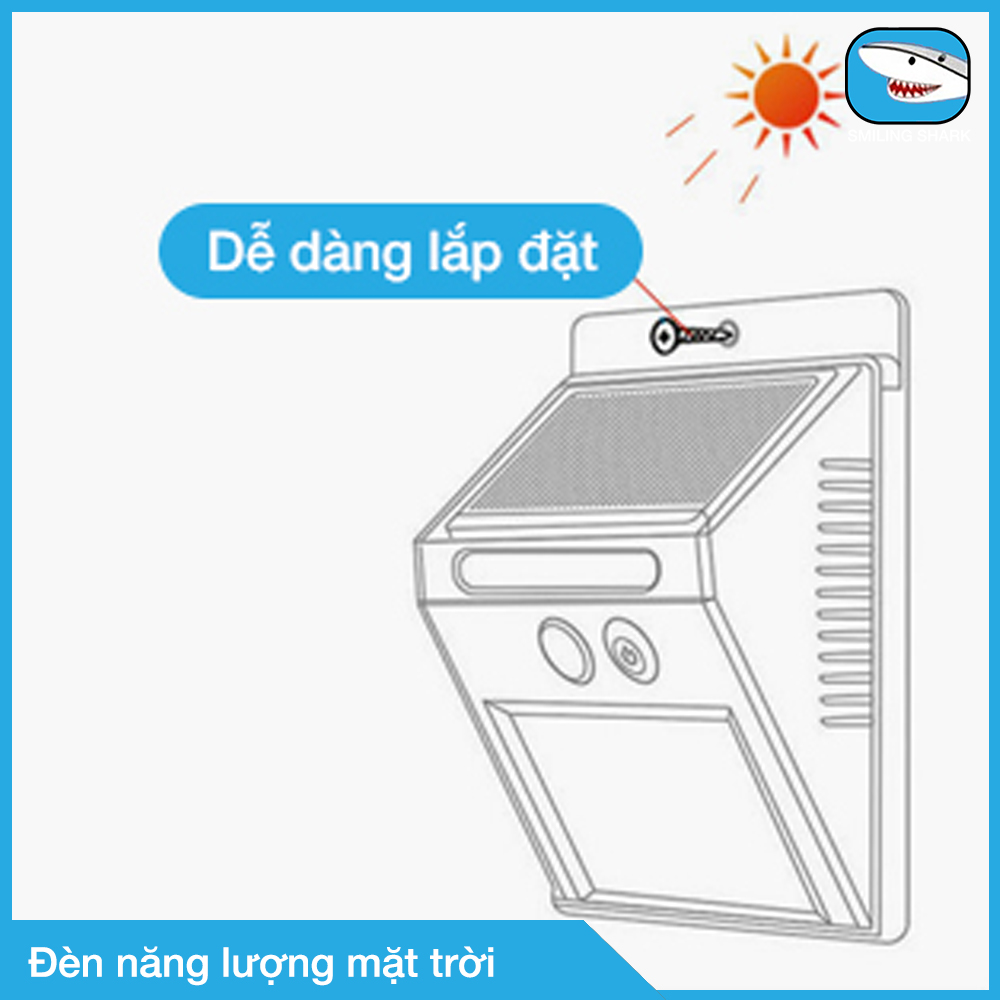 Đèn Led năng lượng mặt trời Smiling Shark thắp sáng sân vườn ngoài trời, gắn cổng, ban công, lan can, lối đi, sân nhà, sân thượng, tự động sạc năng lượng ban ngày, bật tắt theo cảm ứng hồng ngoại khi có người đến gần, chống nước IP65 - Hàng chính hãng