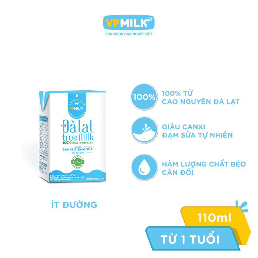 Sữa tươi UHT Đà Lạt True Milk ít đường 110ml (Thùng 48 hộp)