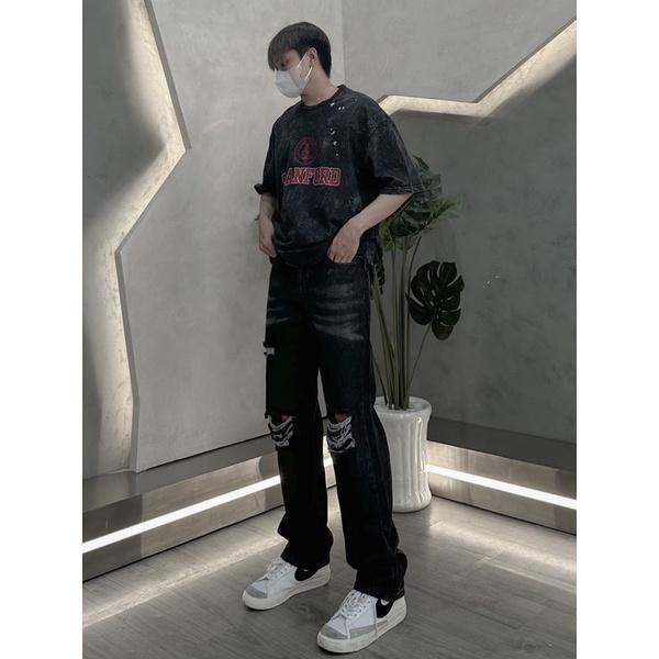 Jeans nam ống rộng jeans rách gối nhiều xám đen 992