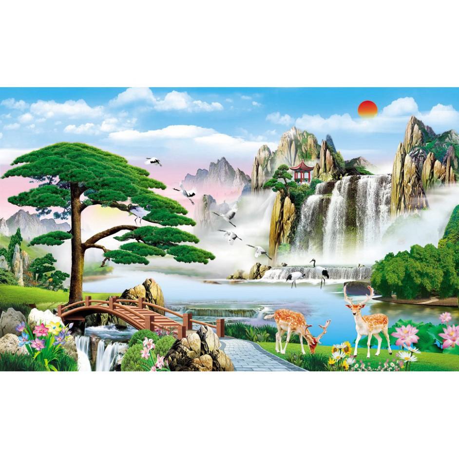 Tranh Dán Tường Phong Thủy Non Nước Hữu Tình LunaTM-0170 - VẢI LỤA Phủ phủ bóng Loại Tốt