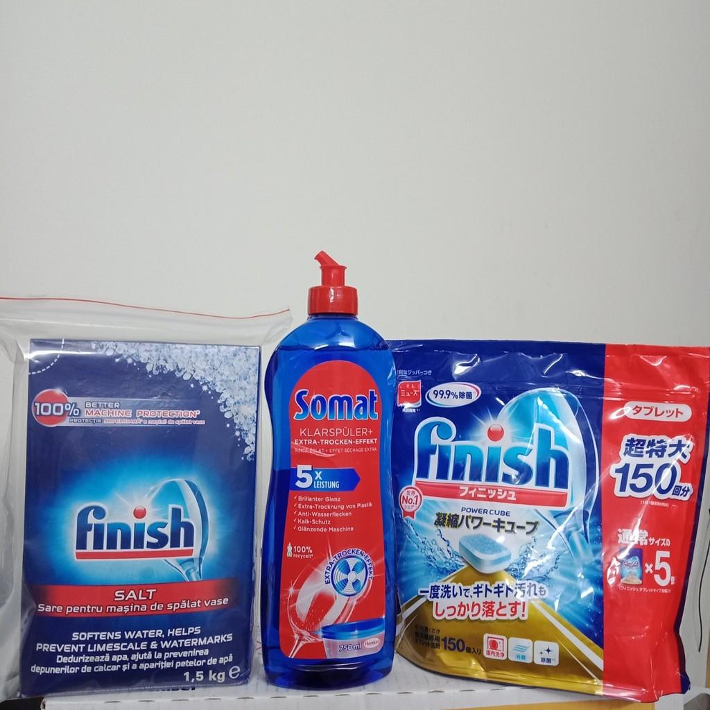 Combo Viên Rửa Bát Finish 150 Viên + Muối rửa bát Finish 1,2kg + Nước làm bóng Somat 750ml dùng cho máy