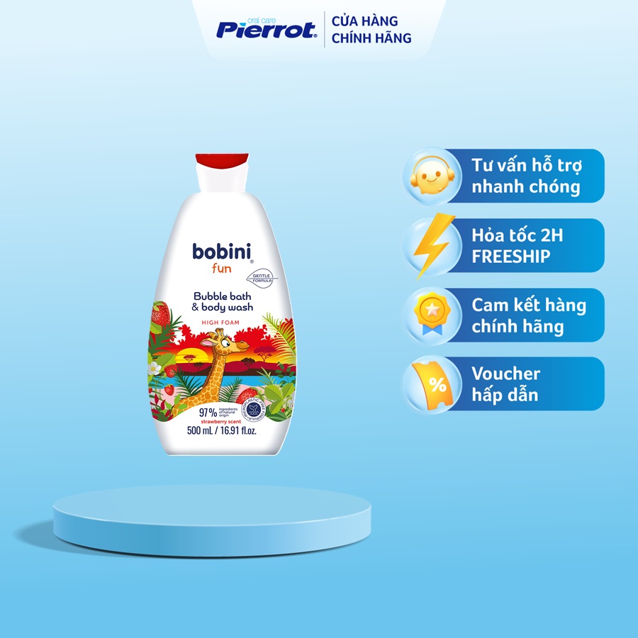 Gel tắm tạo bọt cho trẻ em Bobini Fun mềm mịn hương dâu tây 1+ tuổi 500ML