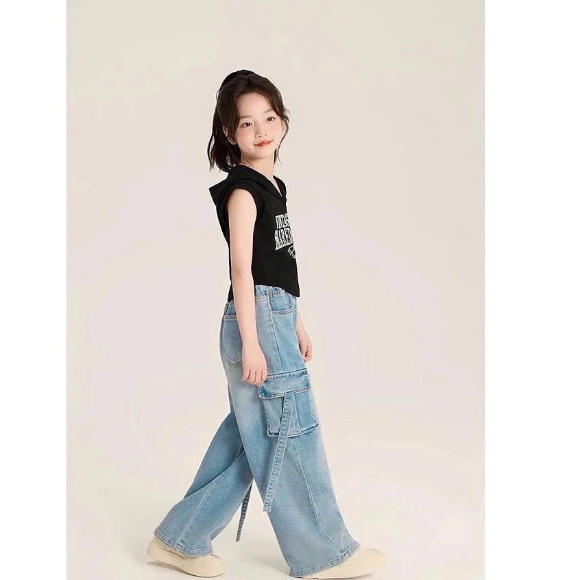 Quần Jean Ống Suông Túi Hộp Dây Bé Gái Phong Cách Hàn, Jean Cotton Mềm Nhẹ – 2 Màu Cá Tính Từ 18-50kg Dành Cho Bé Gái