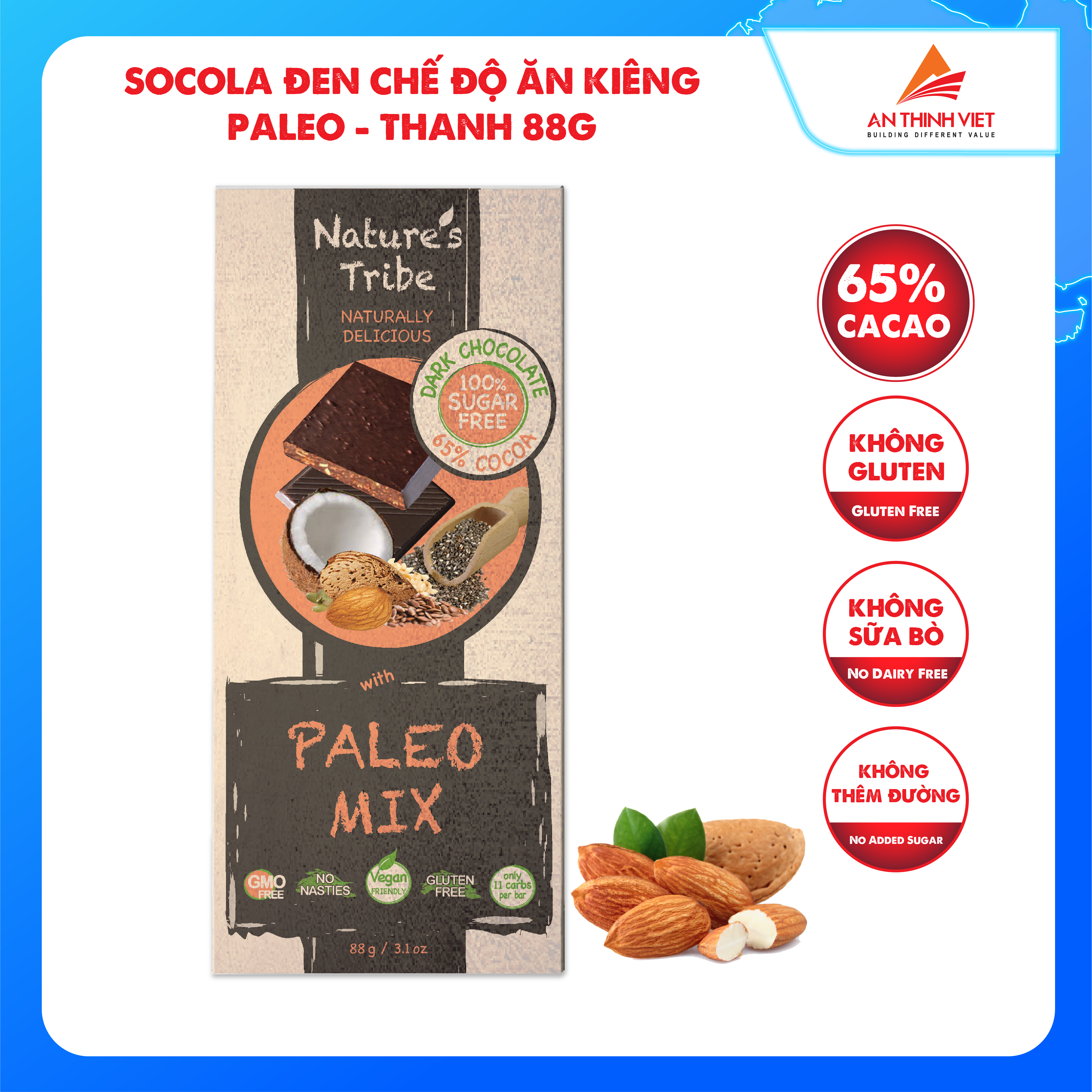 Socola đen Paleo Mix không đường Nature's Tribe - Dark chocolate with paleo mix thanh 88g