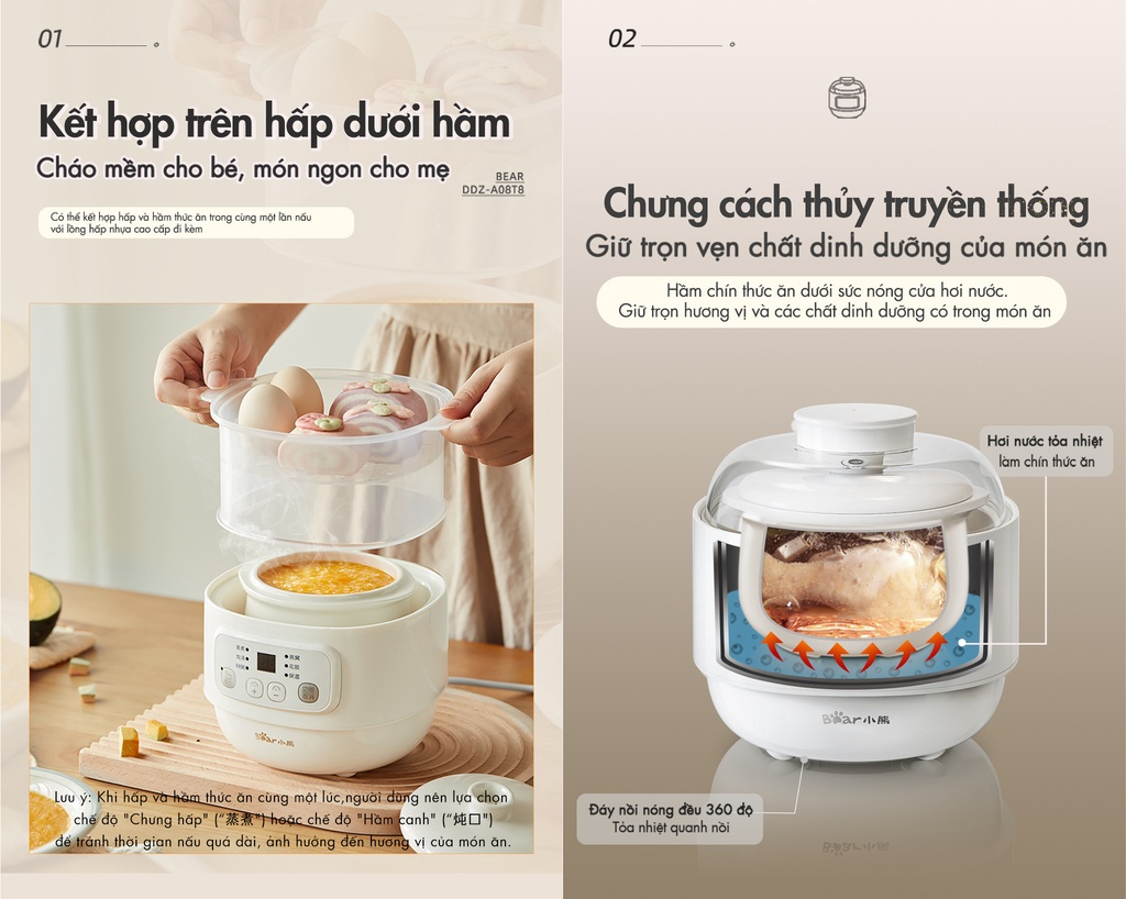 Nồi Chưng Yến Tiềm Thuốc Bắc, Nấu Cháo Bear SUBE002 Gồm 3 Thố Và Khay Hấp Dung Tích 1.6 Lít Công Suất 200 W - Hàng Chính Hãng
