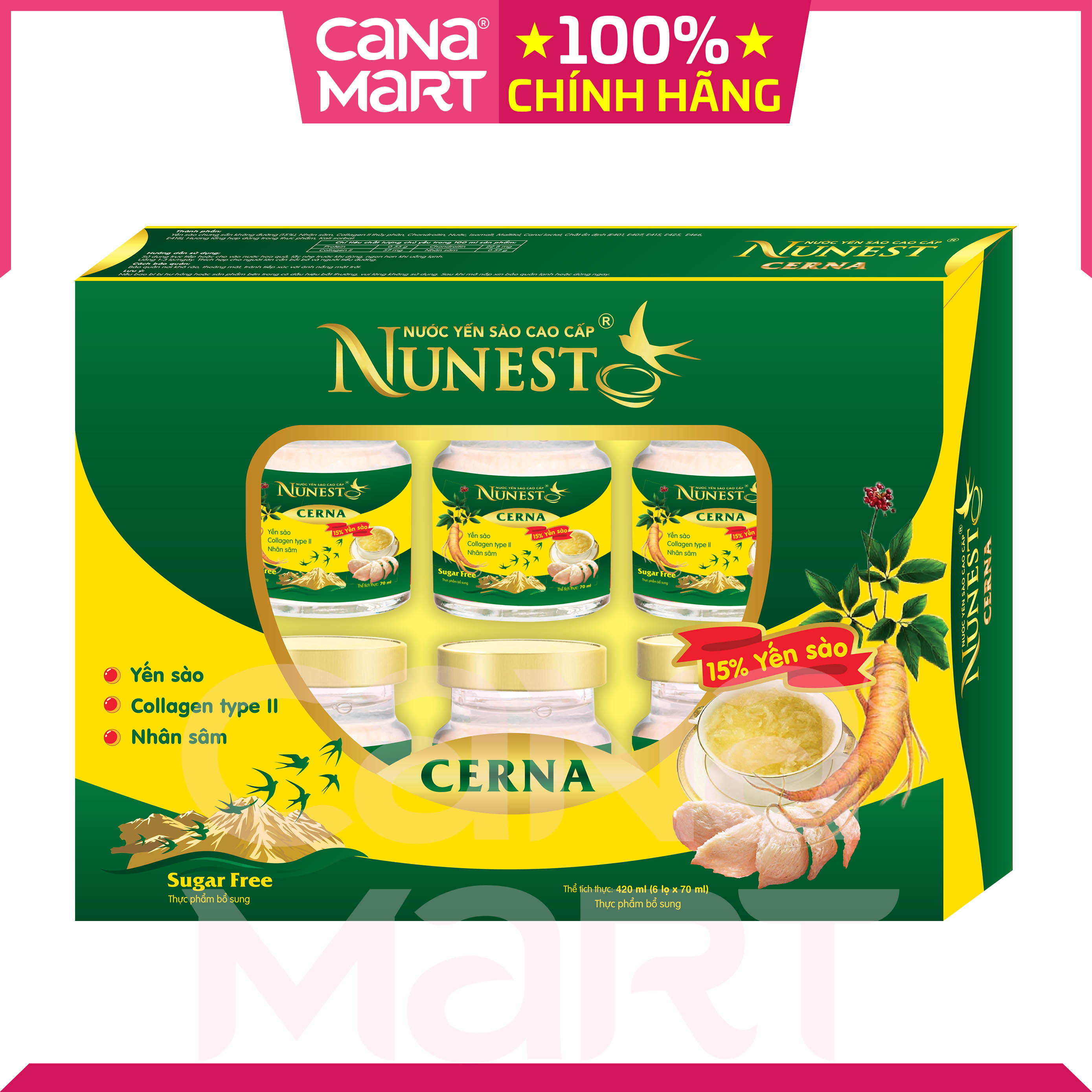 [Hộp 6 lọ x 70ml] Nước yến sào cao cấp Nunest Cerna dành cho người bệnh tiểu đường