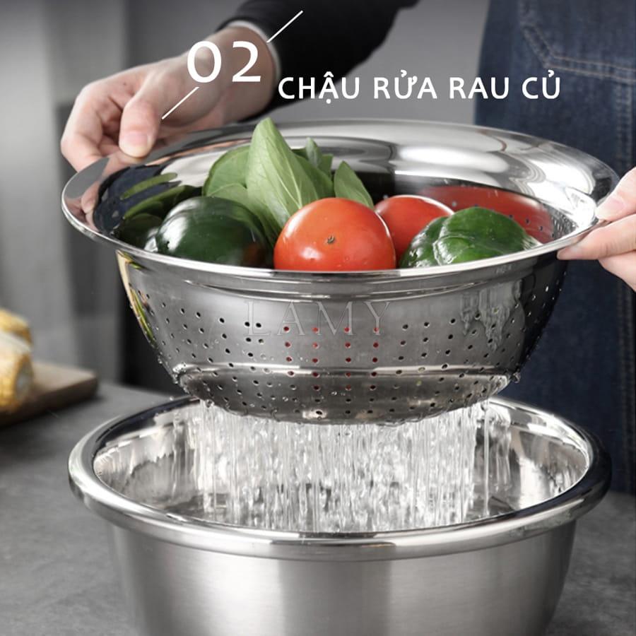 Bộ Bào Nạo Rau Củ Kiêm Rổ Và Chậu Inox Cao Cấp Đa Năng Tiện Dụng