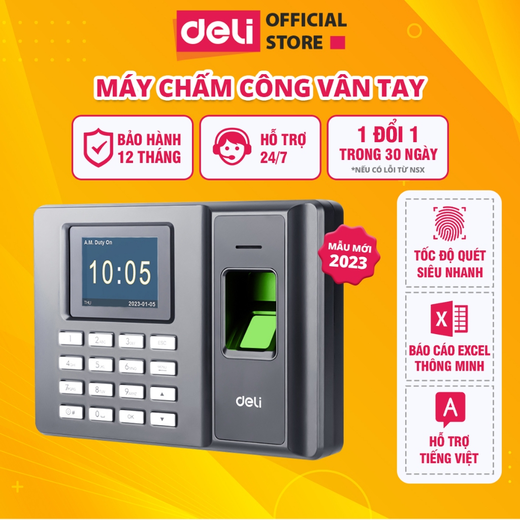 Máy Chấm Công Quét Vân Tay Deli Chính Hãng - Hàng Chính Hãng - Có Tiếng Việt Màn Hình 2.4 Inch Kết Nối USB Báo Cáo Excel ES151/ ES152Thông Minh