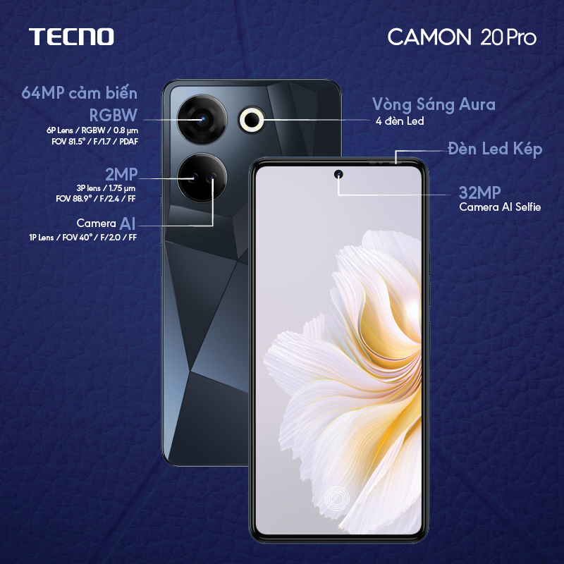 Điện thoại Tecno CAMON 20 Pro 8GB/256GB - Camera 64MP + 32MP | Helio G99 | 5000 mAh/ 33W | 6.7'' FHD AMOLED - Hàng Chính Hãng - BH 13 Tháng