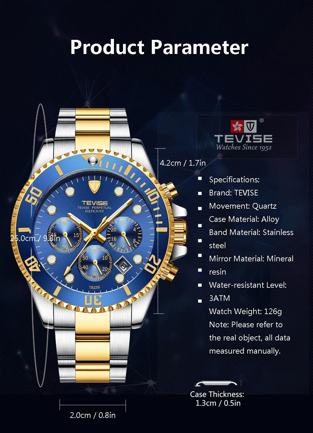 Đồng hồ thạch anh sang trọng bằng thép không gỉ Relogio Masculino TEVISE T823