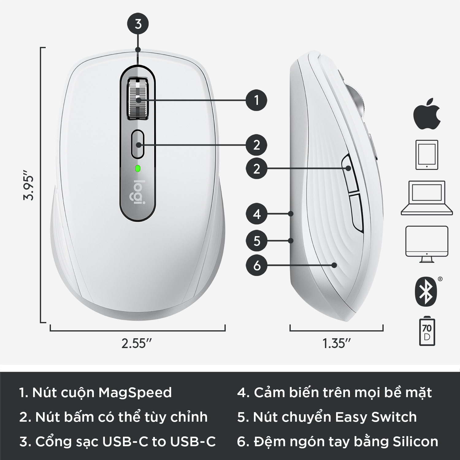 Chuột không dây Bluetooth Logitech MX Anywhere 3 for Mac - nhỏ gọn, kết nối 3 thiết bị, cuộn siêu nhanh, sạc nhanh USB-C - Hàng chính hãng