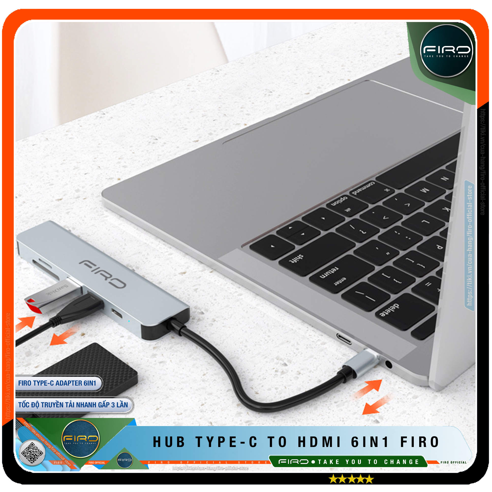 Hub Type C FIRO 6in1 - Hub Chuyển Đổi Type C To HDMI - 1 Cổng HDMI 4K, 2 Cổng USB 3.0, 2 Khe Đọc Thẻ TF Và SD, 1 Cổng Sạc Nhanh Type C PD - Kết Nối Nhiều Thiết Bị Với Tốc Độ Cao - Dùng Cho Tivi/Laptop/Playstation/PC/Smartphone – Hàng chính hãng