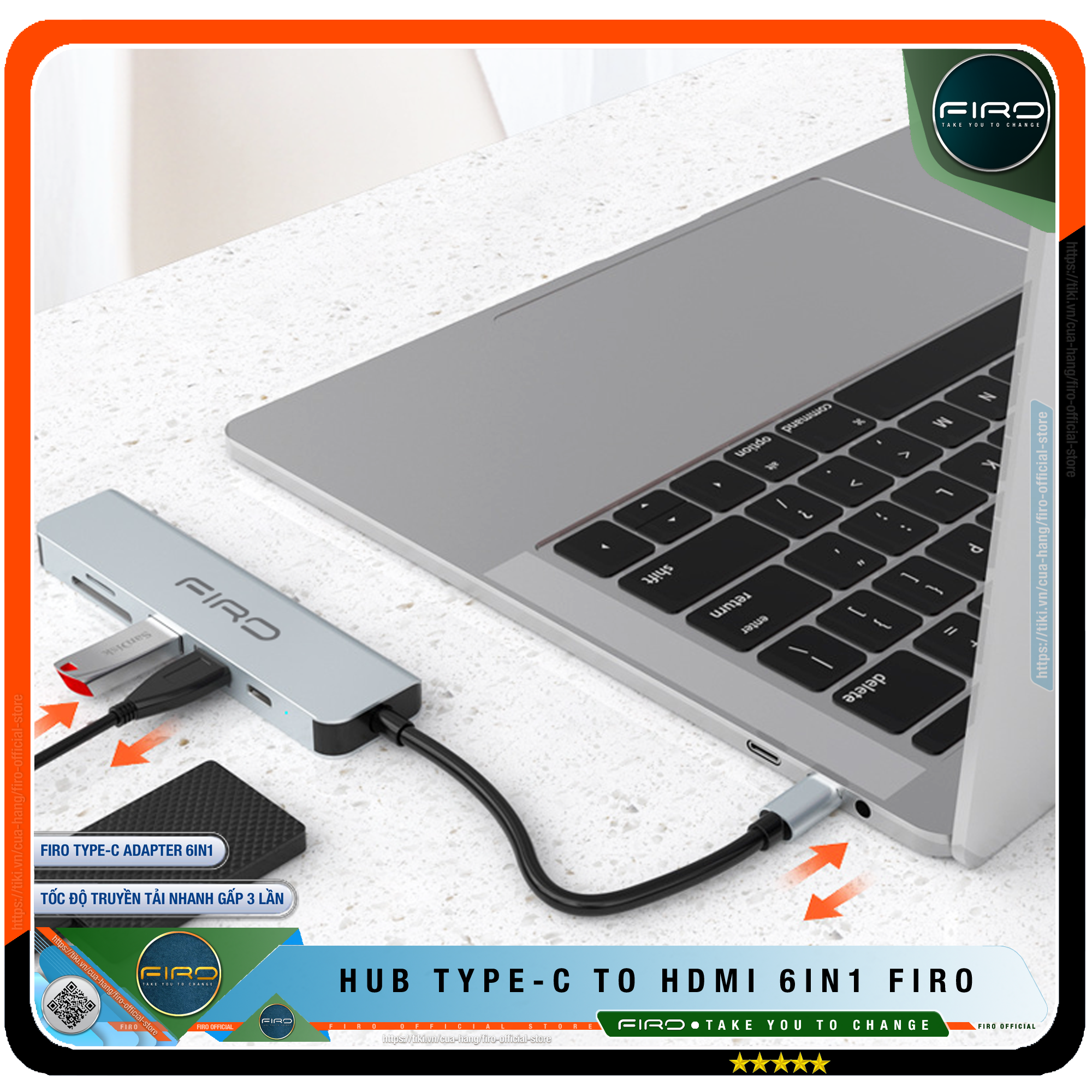 Hub USB Type-C To HDMI FIRO 6in1 Chuẩn HDTV - Hub Chuyển Đổi Type-C Chia 6 Cổng - 1 Cổng HDMI/HDTV 4K, 2 Cổng USB 3.0, 2 Khe Đọc Thẻ TF Và SD, 1 Cổng Sạc Nhanh Type C PD - Kết Nối Tốc Độ Cao - Hub USB FIRO – Hàng Chính Hãng