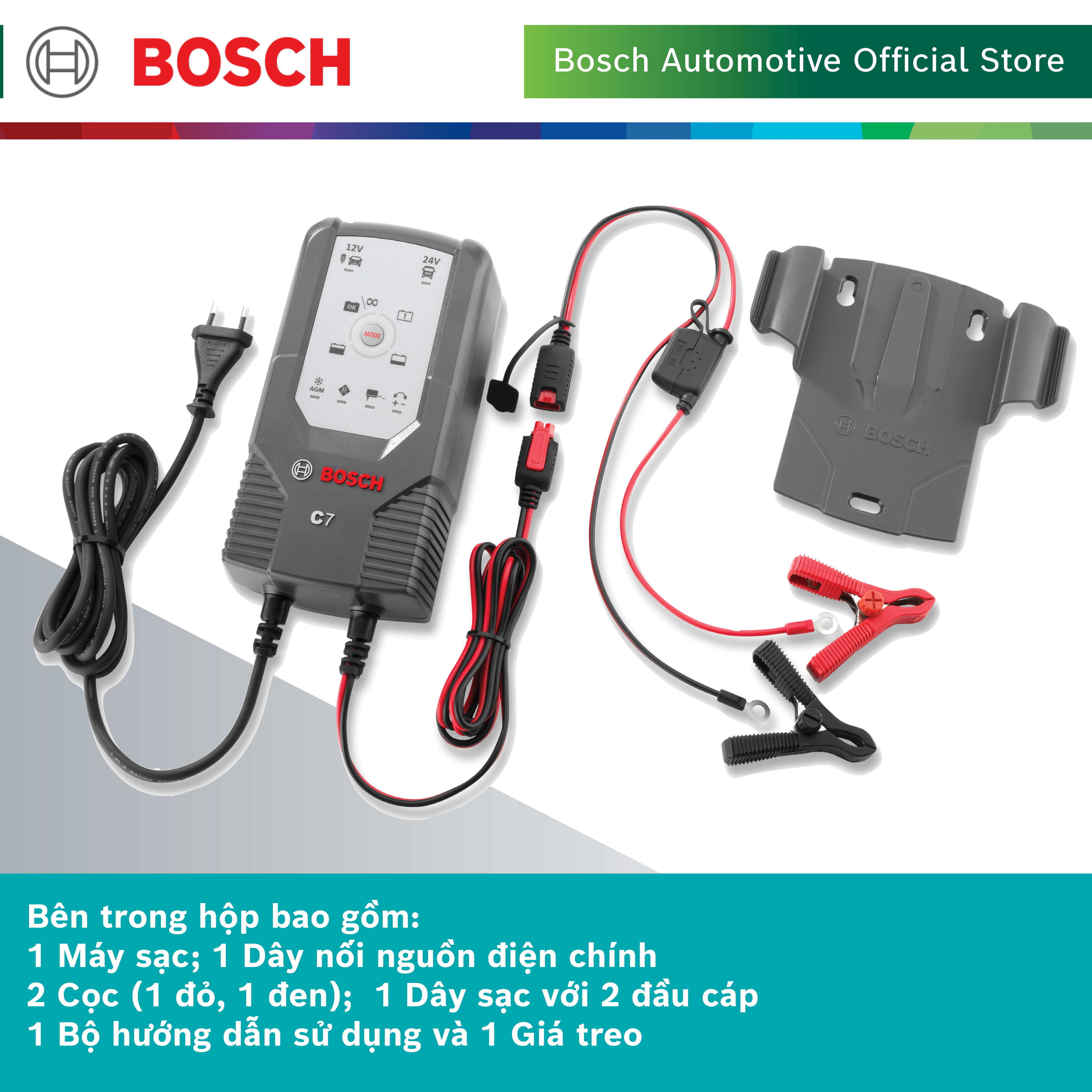 Máy sạc bình ắc quy cho ô tô xe máy Bosch C7 - Hàng chính hãng