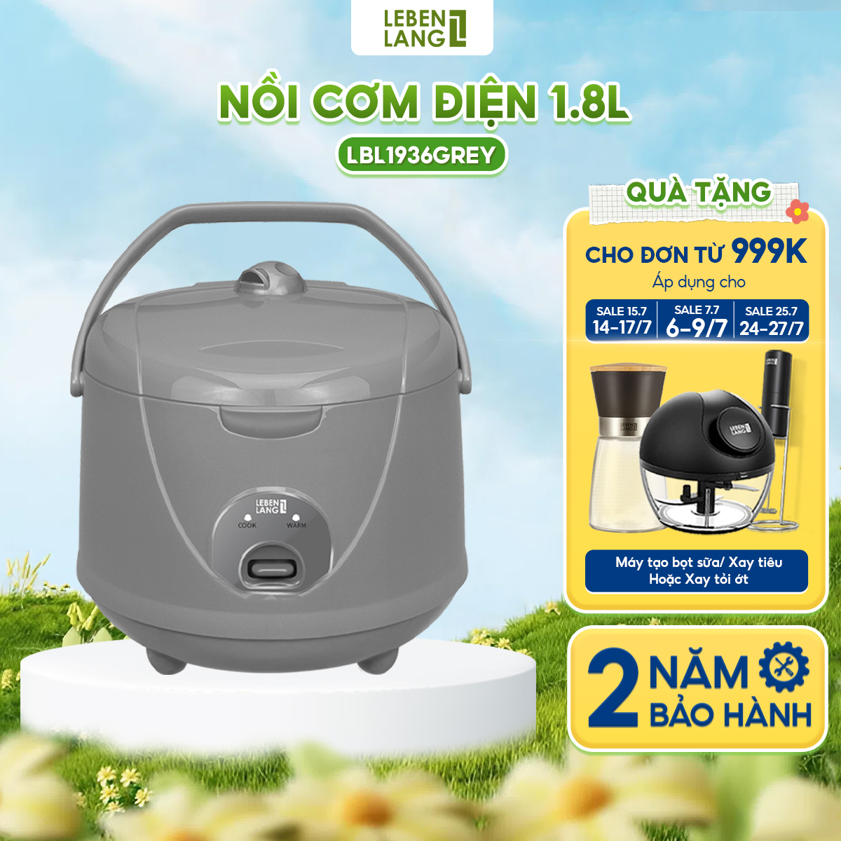 Nồi cơm điện Lebenlang LBL1936 dung tích 1800ml, công suất 700W, thiết kế đơn giản, bảo hành 2 năm - hàng chính hãng