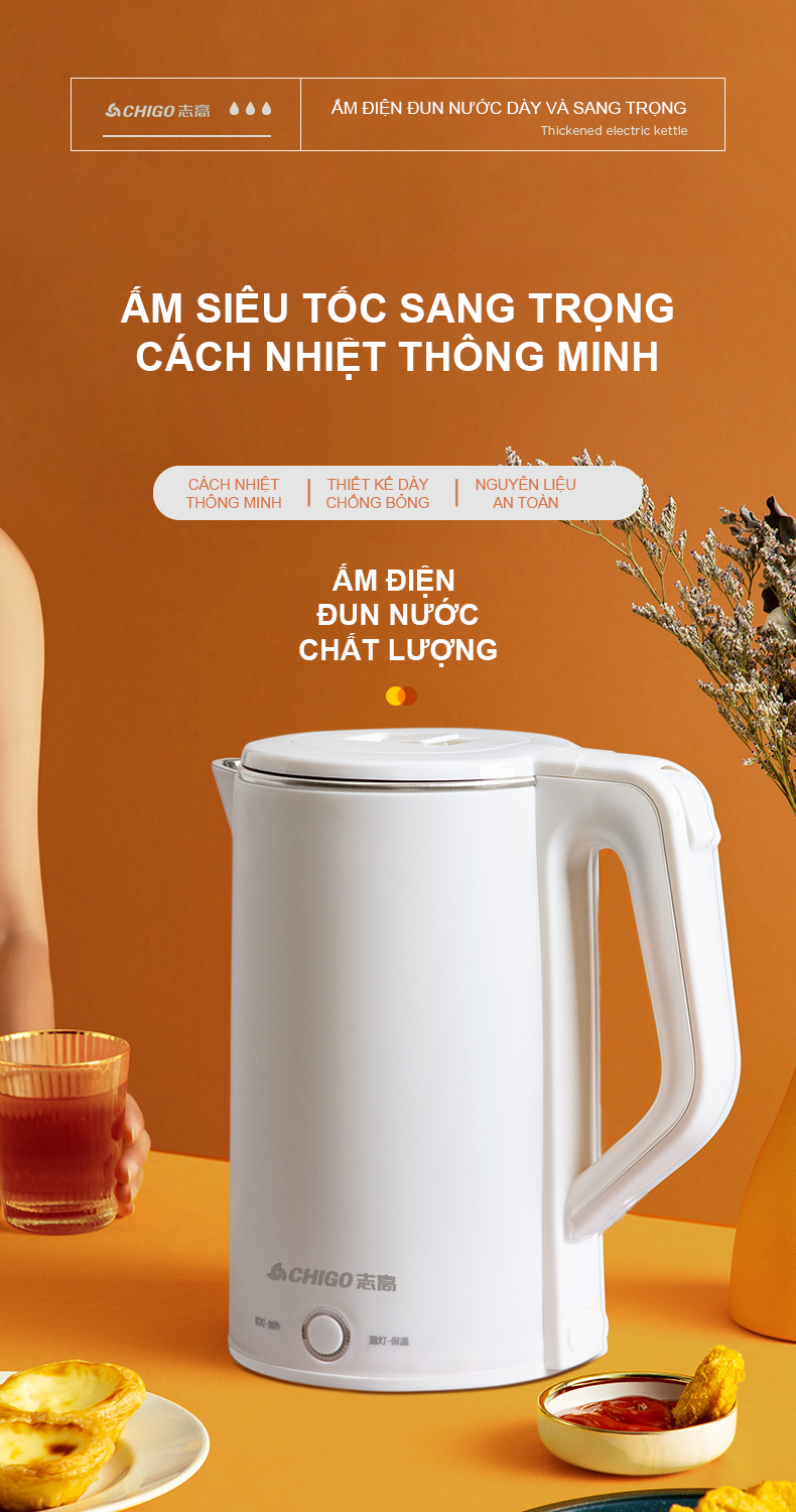 Bình đun nước siêu tốc hàng chính hãng Chigo, cách nhiệt thông minh, tay cầm chống nóng, kiểu dáng thời trang, dung tích 1700ml- Hàng nhập khẩu