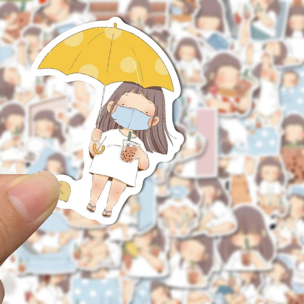 Sticker cô bé trà sữa hoạt hình cute trang trí mũ bảo hiểm, guitar, ukulele, điện thoại, sổ tay, laptop-mẫu S20