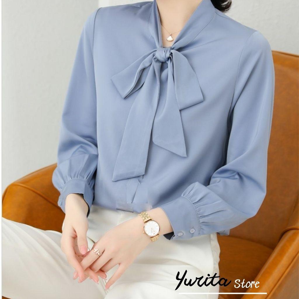 Áo Sơ Mi Kiểu Công Sở Đẹp YURITA Tay Dài Cổ Thắt Nơ Màu Xanh Chất Lụa Cao Cấp From Rộng Hàn Quốc Ulzzang Vintage A1X