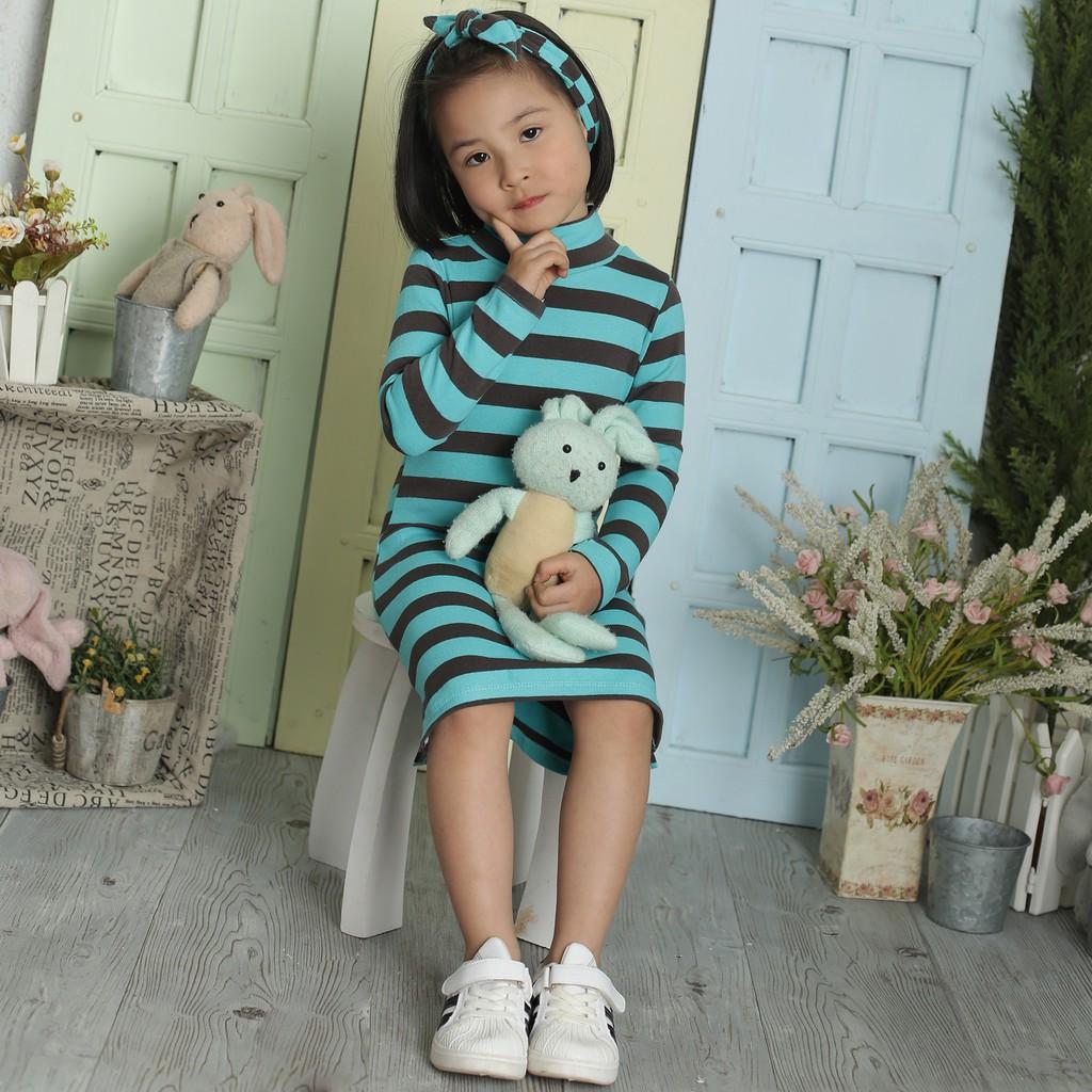 Váy Thu Đông Cho Bé Gái-Kẻ Xanh Đen Cotton-Kèm Nơ Buộc Tóc-Suly Kids Từ 6 Đến 18kg-Quần Ao Trẻ Em-Váy Cho Bé