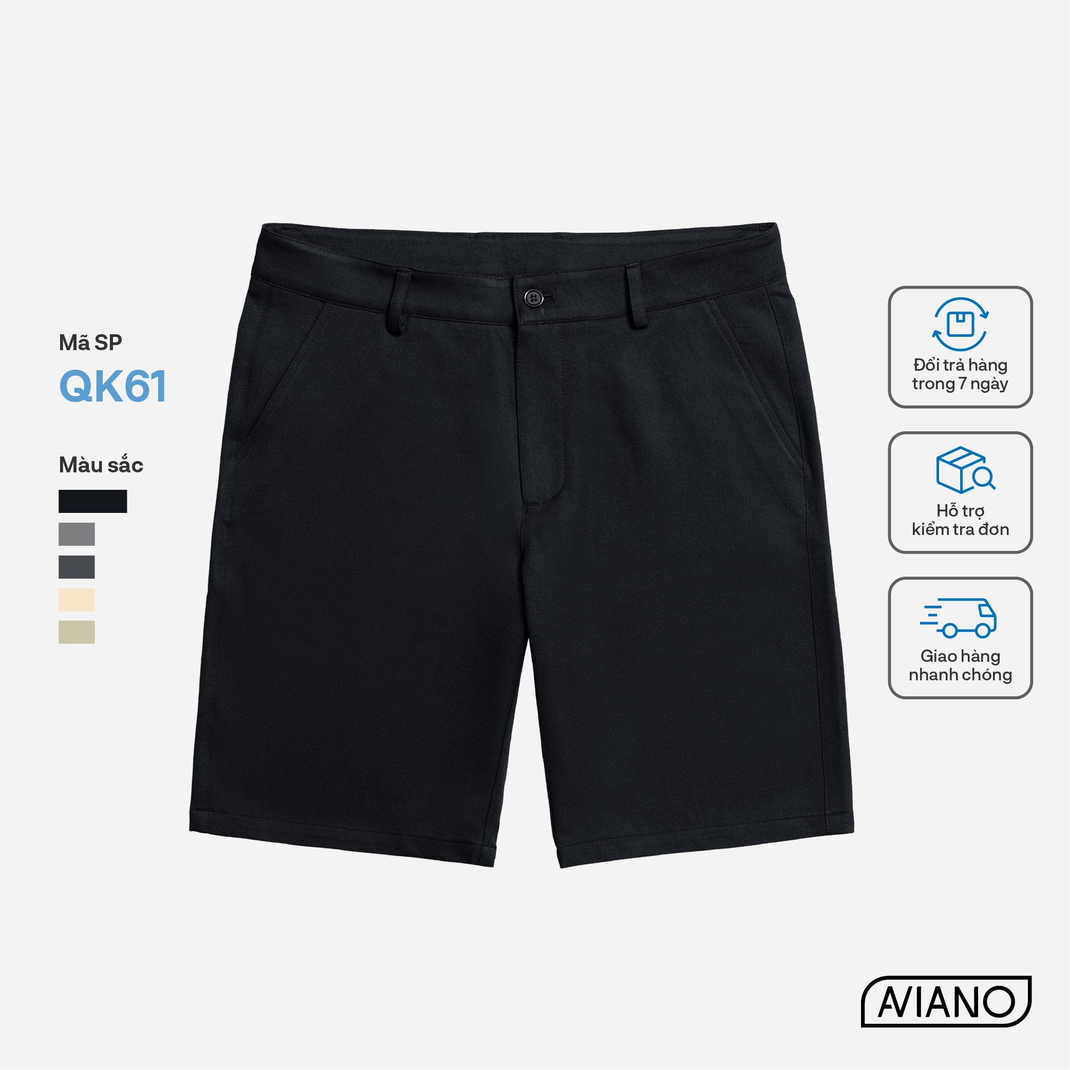 Quần Short Nam AVIANO Vải Kaki, Quần Đùi Nam Cạp Cúc Màu Basic