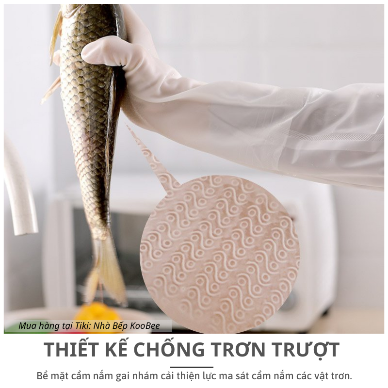 Găng tay cao su lót bông nỉ loại dài - Găng tay rửa bát làm bếp siêu dai không mùi KooBee