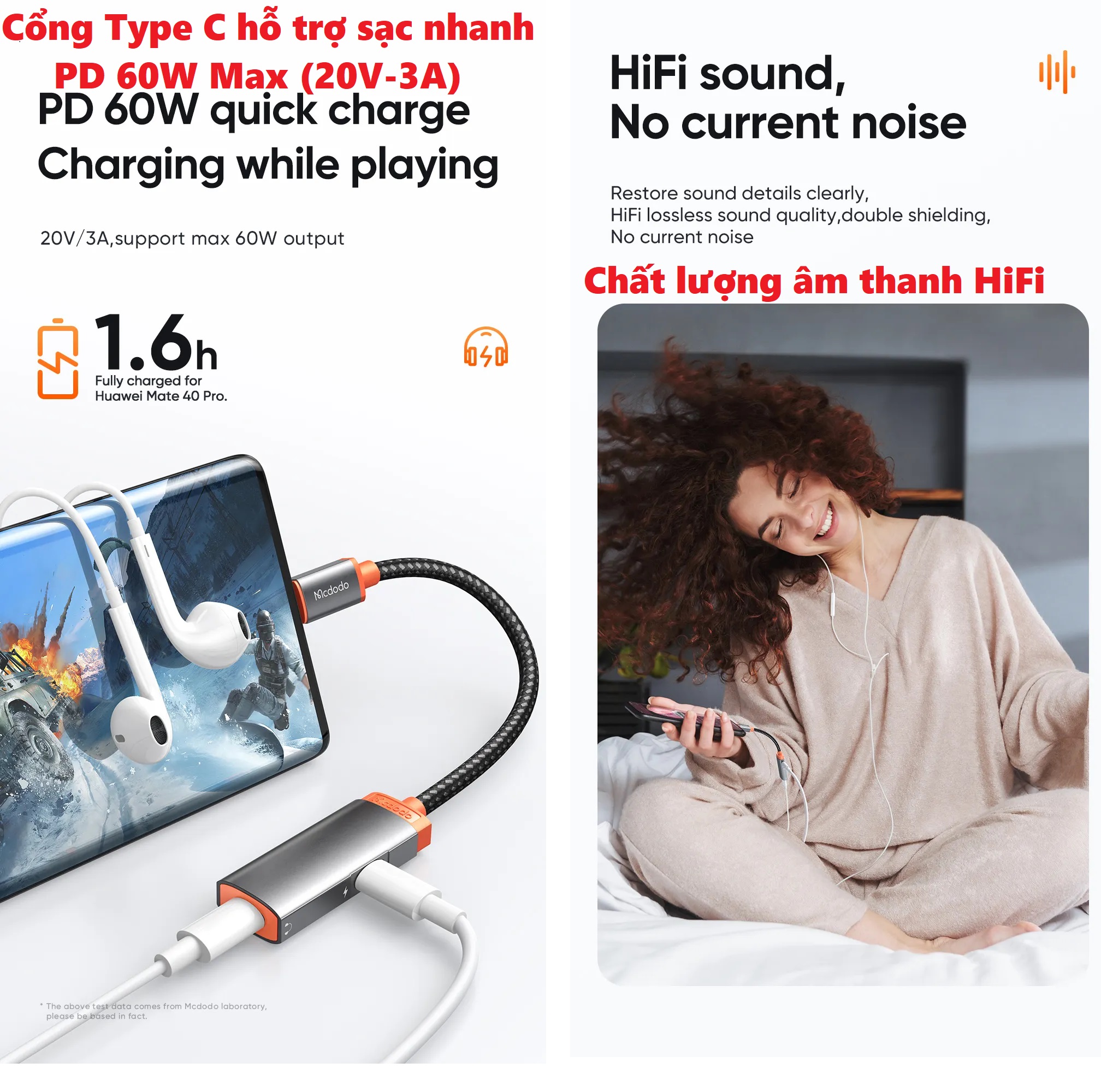 [ 1 C ra 2 C ] Cáp chuyển type C ra tai nghe và sạc nhanh 60W cho điện thoại máy tính bảng Mcdodo CA-052 _  Hàng chính hãng