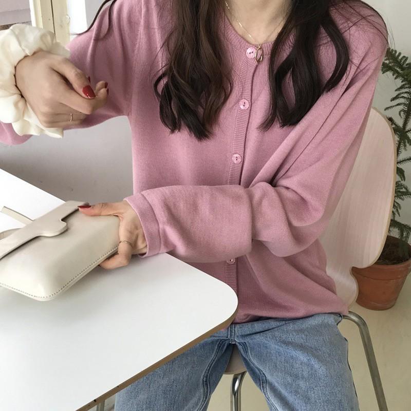 Áo khoác Cardigan dệt kim tay dài màu trơn thiết kế dáng rộng thoải mái
