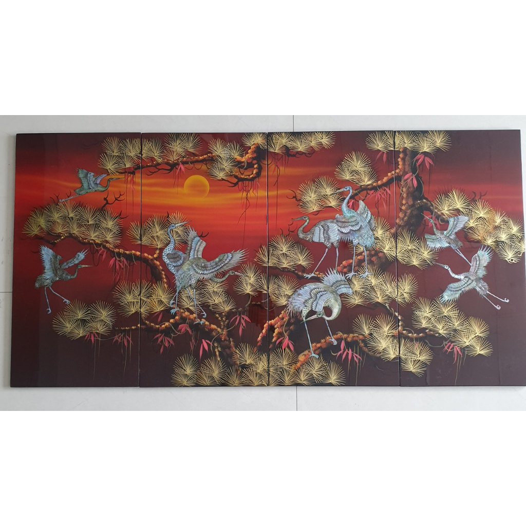 Bộ Tranh sơn mài Thanh Bình Lê 4 tấm- TÙNG HẠC KHẢM CỪ size 60x120 cm / hàng cao cấp , xuất khẩu