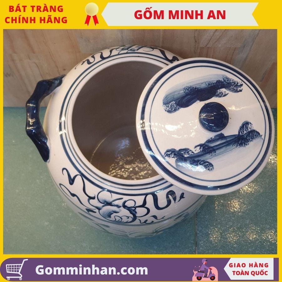 Hũ đựng gạo gốm sứ bát tràng vẽ cảnh hoa sen cá chép đựng 25kg gạo hoặc 30lit