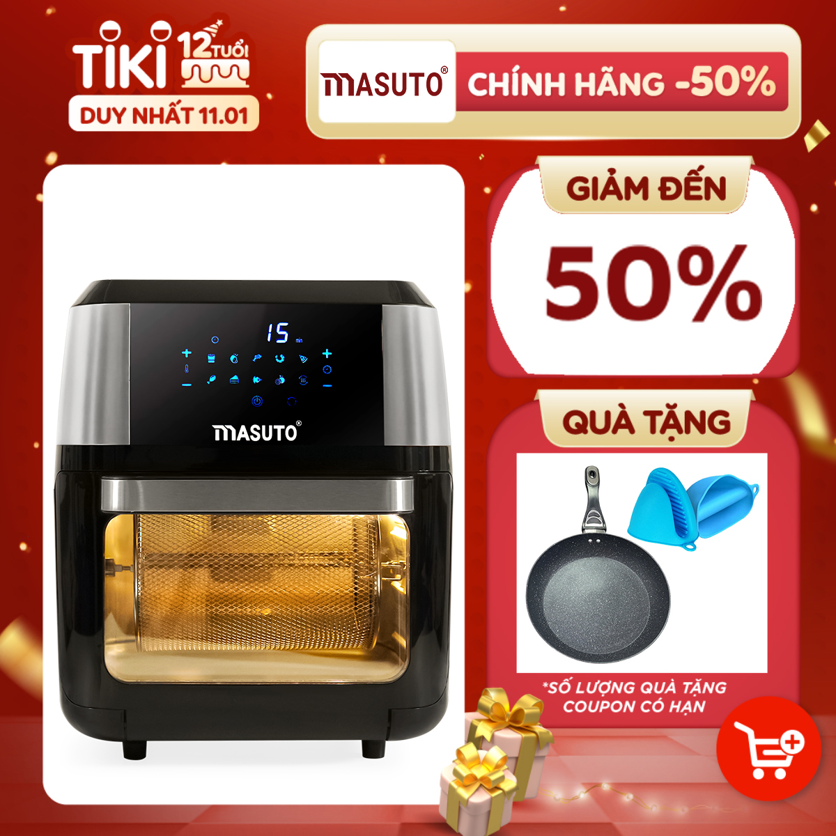 Nồi Chiên Không Dầu Masuto 12L Nướng Gà Nguyên Con Giỏ Inox Cao Cấp Thực Phẩm Chín Đều Ngoài Giòn Trong Mềm Mọng Nước-Hàng chính hãng