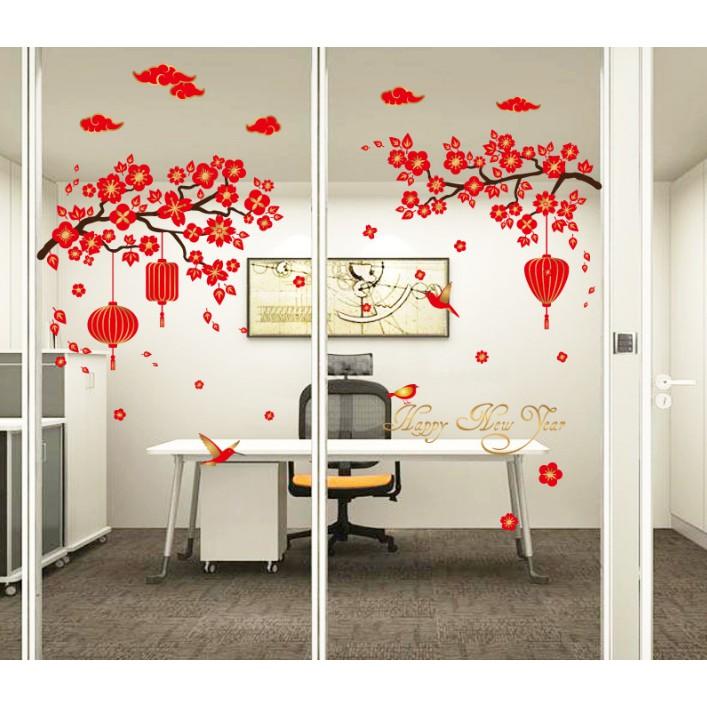 Decal trang trí tết - Cành Mai đỏ lồng đèn chữ HPNY vàng ánh