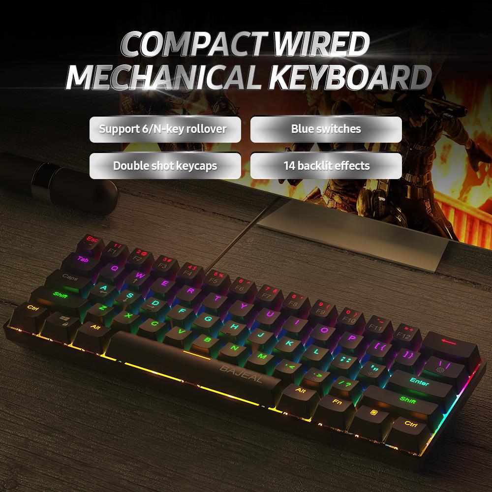 Bàn phím cơ học có dây nhỏ gọn BAJEAL với 61 phím Double Shot Keycaps 6 / N-key Rollover LED Hiệu ứng đèn nền màu xanh lam