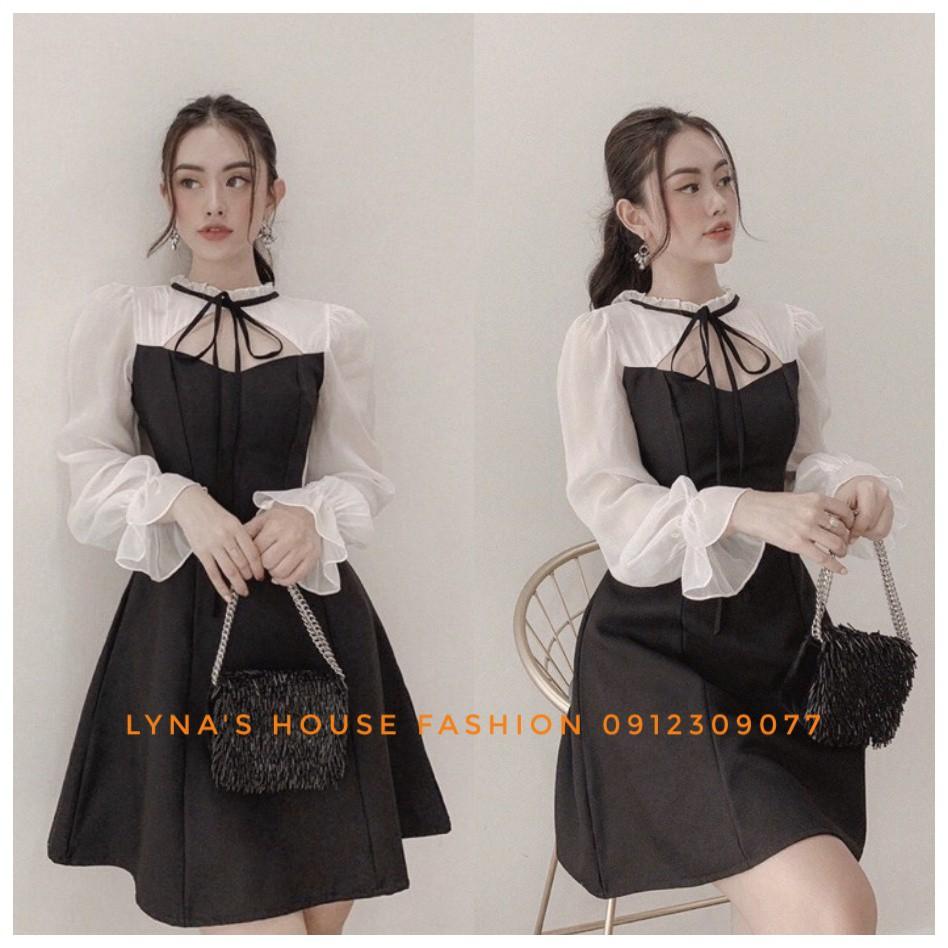 Váy Đen Phối Voan Tay Dài Cut Out Ngực Thắt Nơ Đi Chơi Dạo Phố - LH120