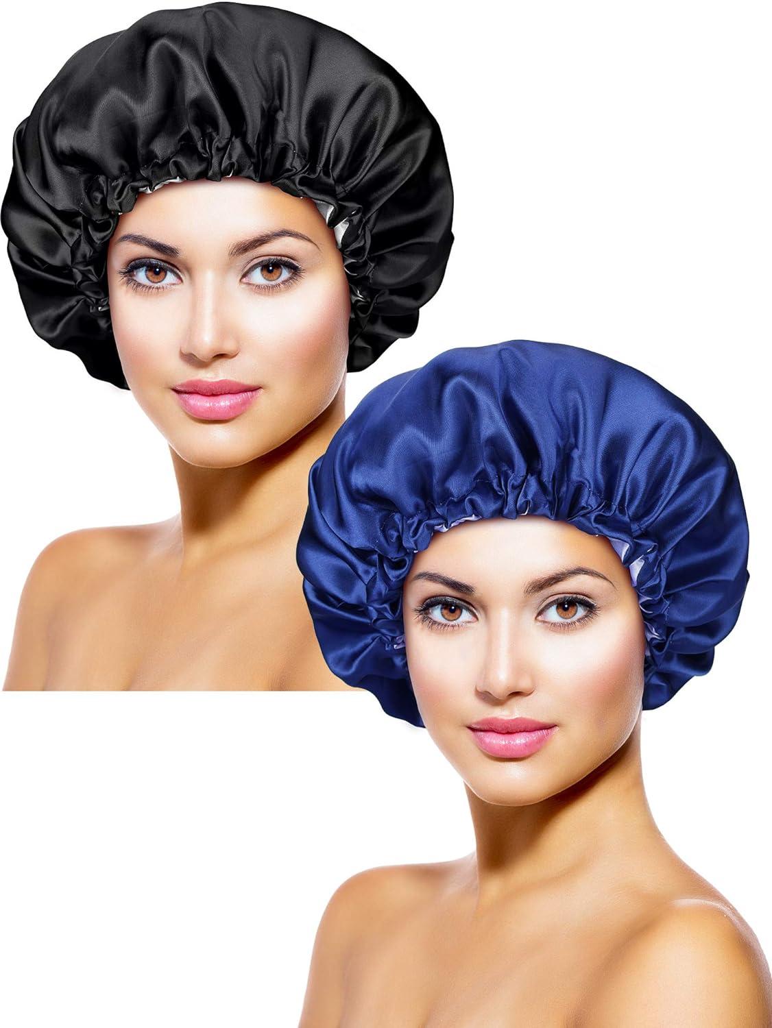 2 miếng mũ ngủ thêm mũ ngủ lớn với dây kẹp của đêm điều chỉnh tóc turban (màu xanh hải quân, đen)