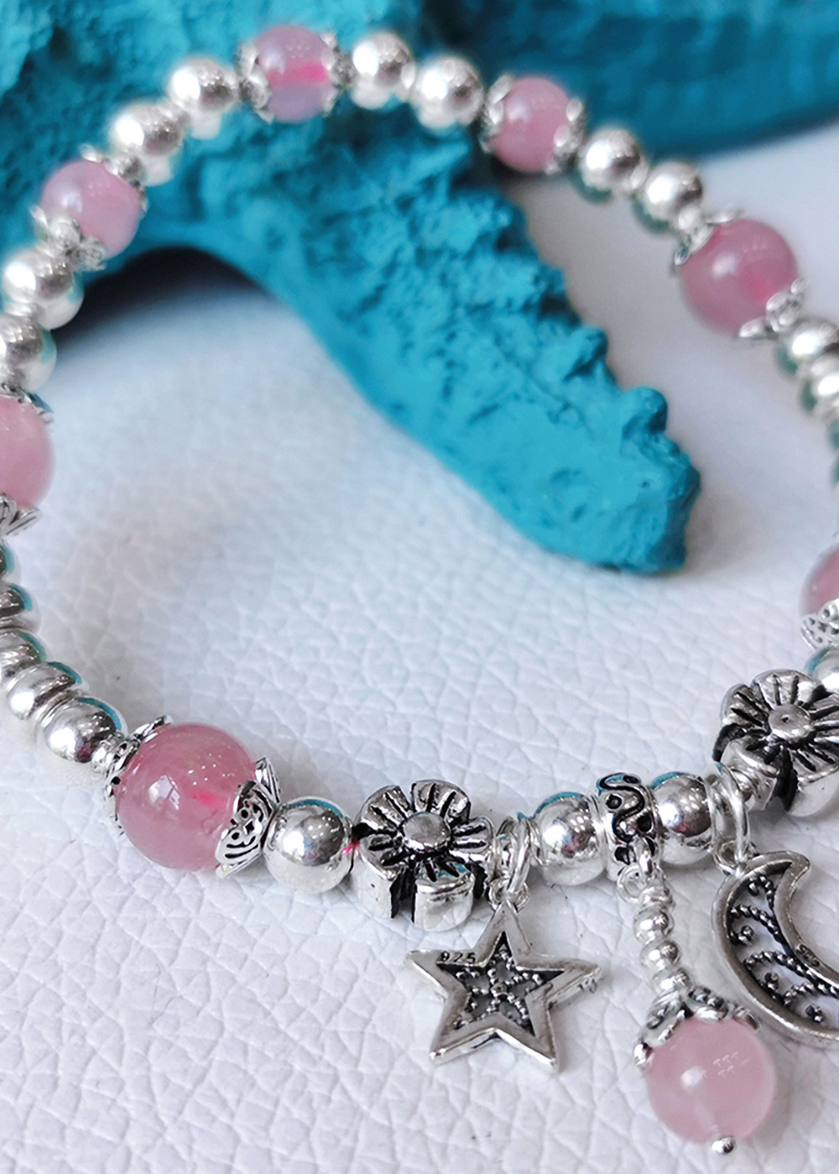Vòng tay đá thạch anh hồng phối charm trăng sao mệnh hỏa, thổ - Ngọc Quý Gemstones