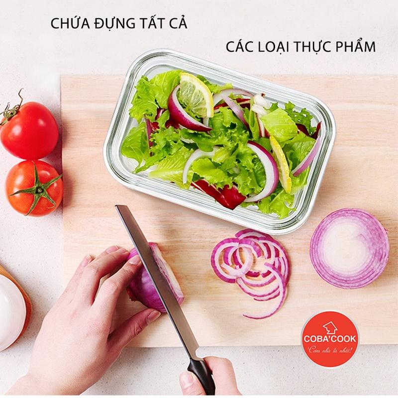 [Tặng Muỗng Đũa] Bộ 3 Hộp Cơm Thủy Tinh Chịu Nhiệt COBACOOK Hình Chữ Nhật 370ml Và Túi Simili Giữ Nhiệt- CCL33SS