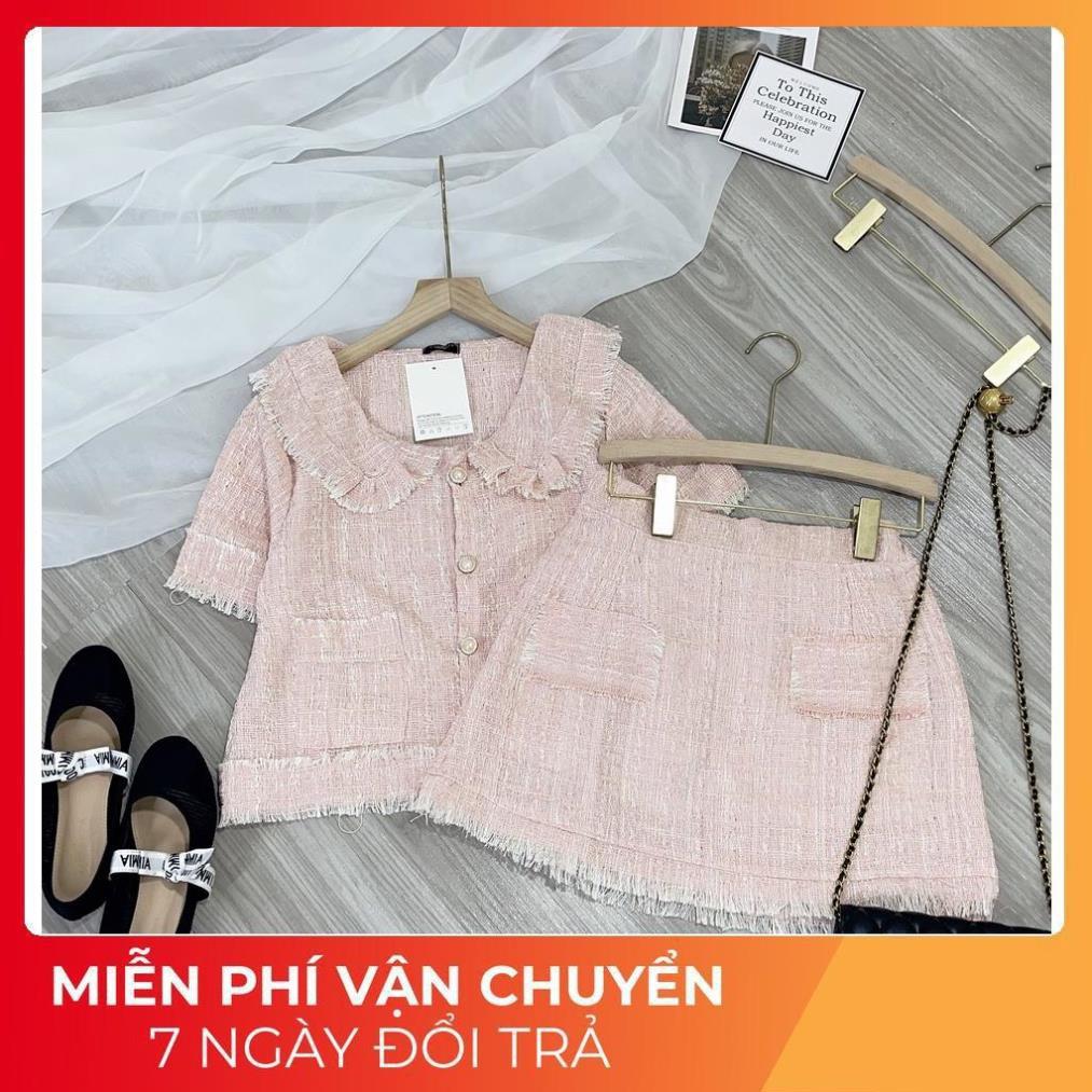 Set váy áo dạ nhũ hông chân váy ngắn