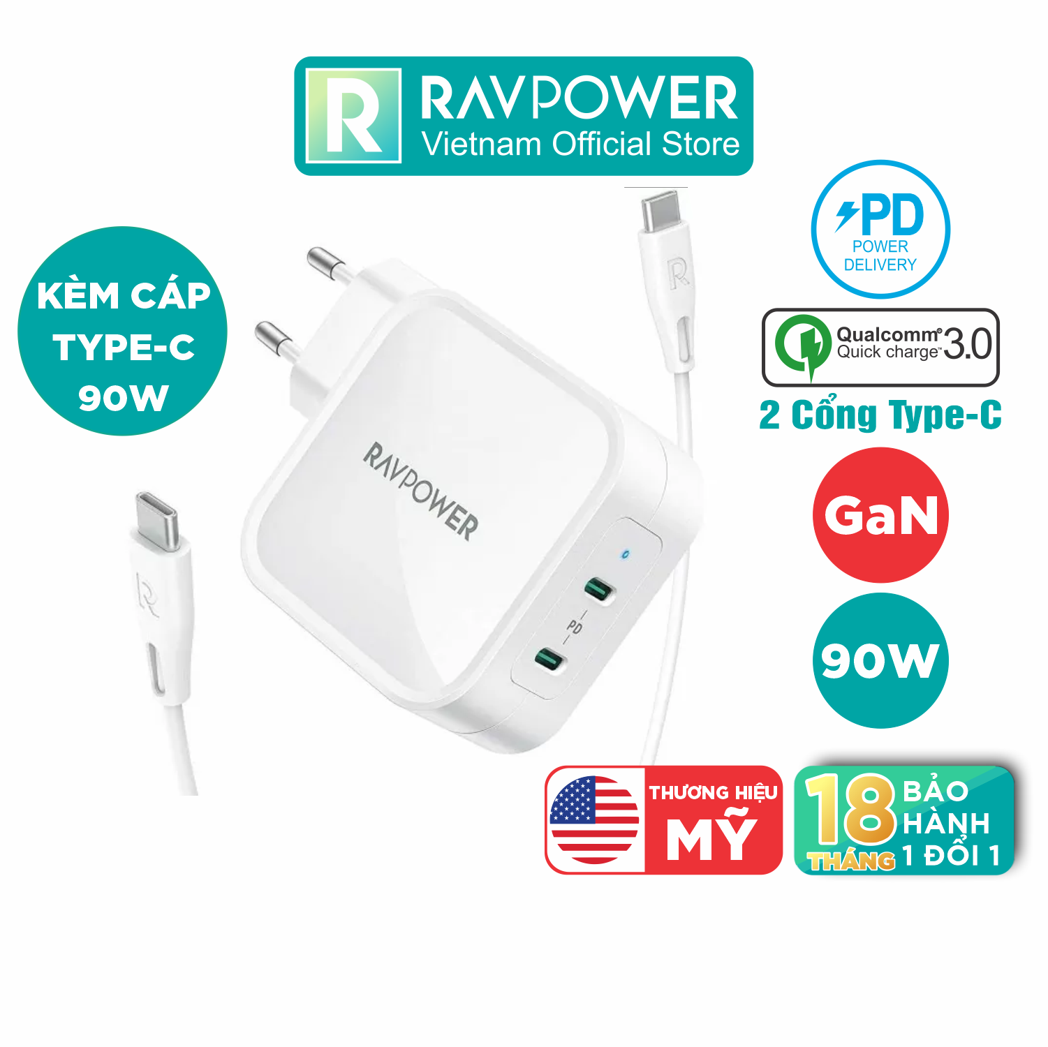 Củ Sạc Điện Thoại Laptop Macbook RAVPower RP-PC128 Kèm Cáp C To C PD 90W Công Nghệ GaN - Hàng Chính Hãng