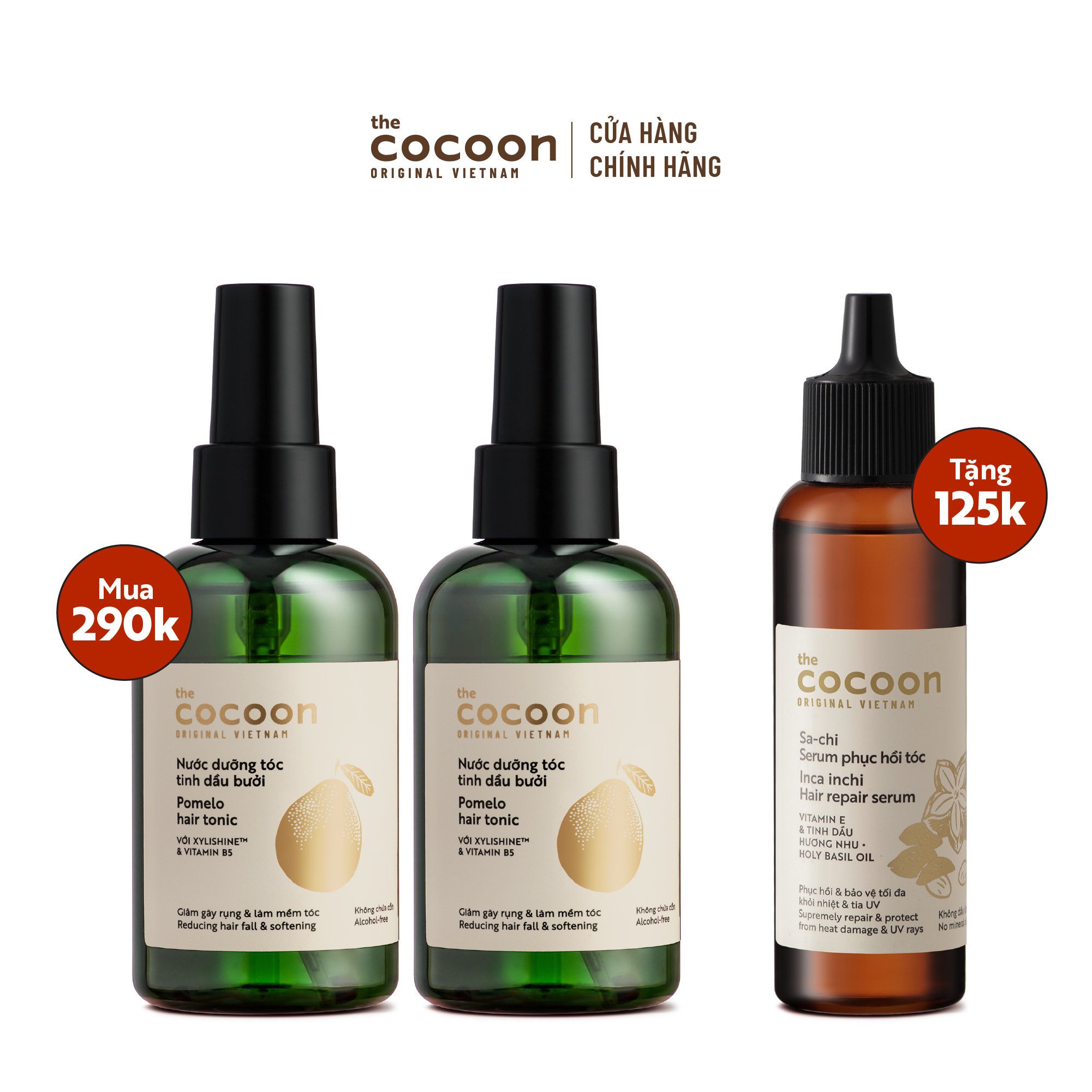 SPECIAL COMBO 2 chai Nước Dưỡng Tóc Tinh Dầu Bưởi Cocoon 140ml - tặng Serum Sachi phục hồi tóc Cocoon 70ml