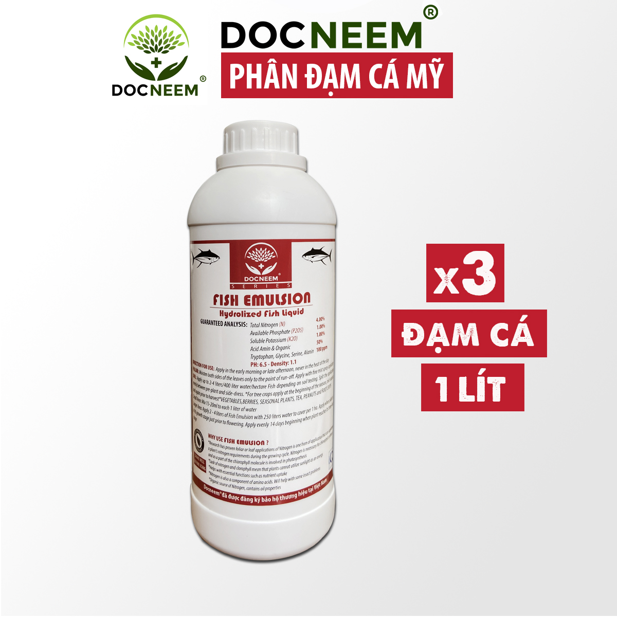 Phân đạm cá Docneem, phân cá Fish Emulsion (1 lít) hữu cơ cho hoa hồng, rau sạch, hoa, cây kiểng trong nhà ngoài trời