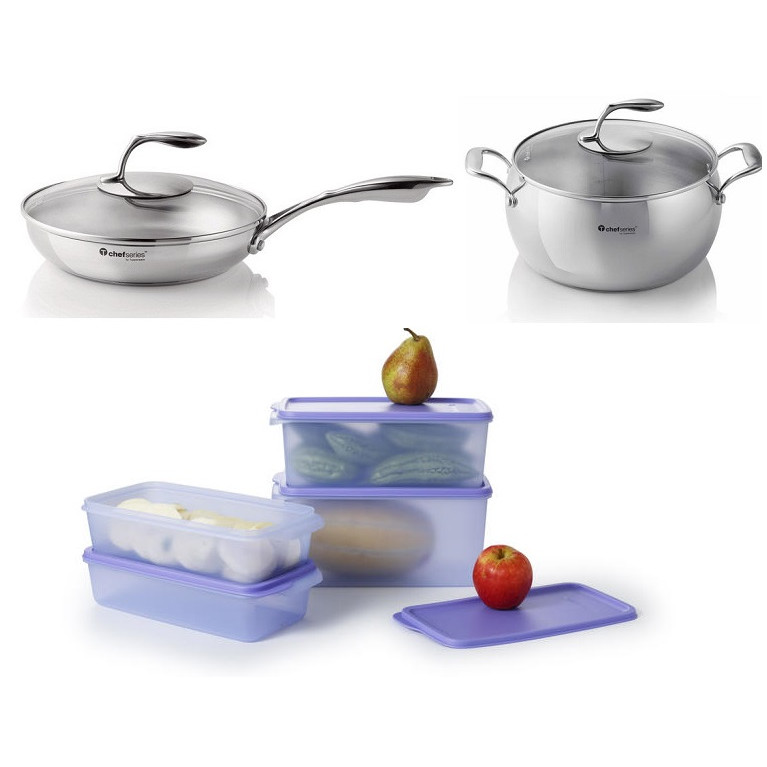 BỘ 2 NỒI CHẢO 5 ĐÁY, NẮP KÍNH TCHEF SERIES VÀ 4 HỘP BQTP NGĂN MÁT TUPPERWARE